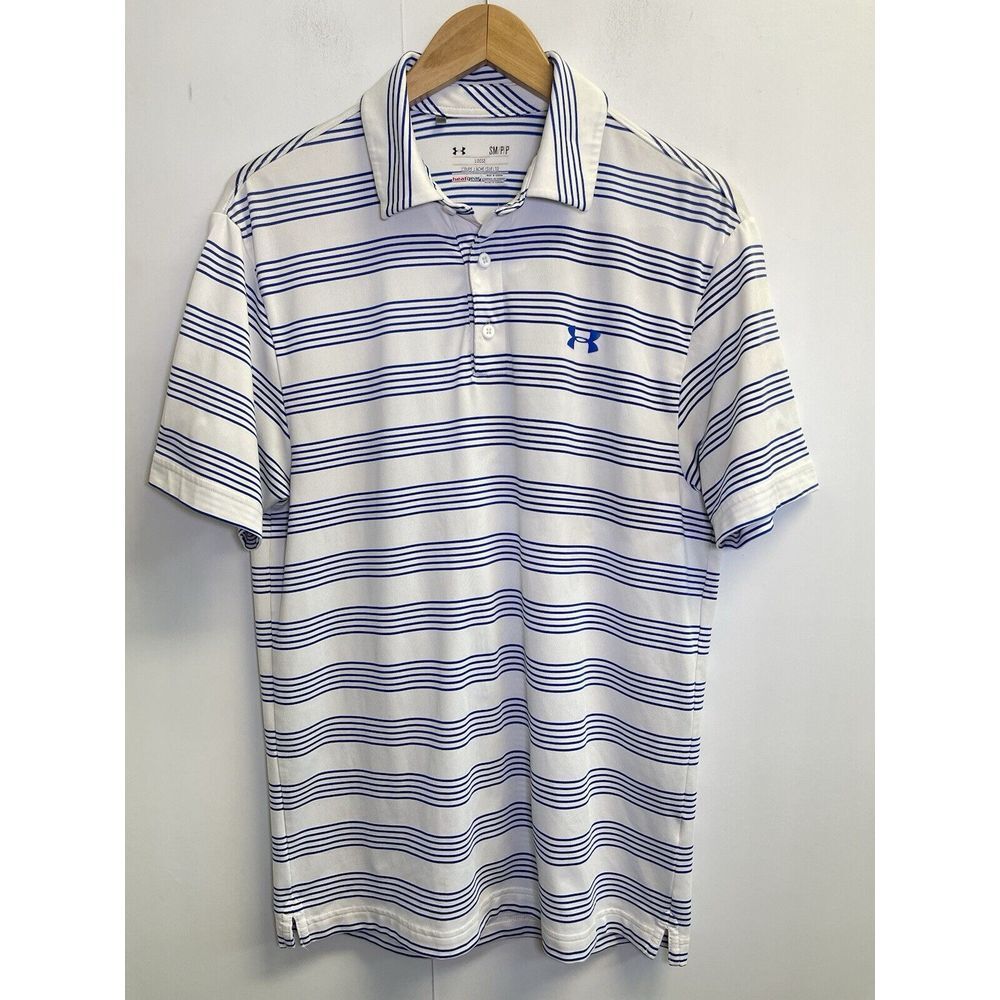 Under Armour POLO SHIRT Mens S Loose White/Blue Striped HeatGear Short Sleeve